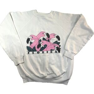 Vintage 80s Pink Flamingo Sweatshirt Womens M White Florida GrandmaCore Hanes